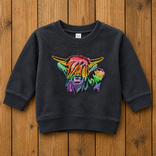 Rainbow Highland Cow Toddler Crewneck