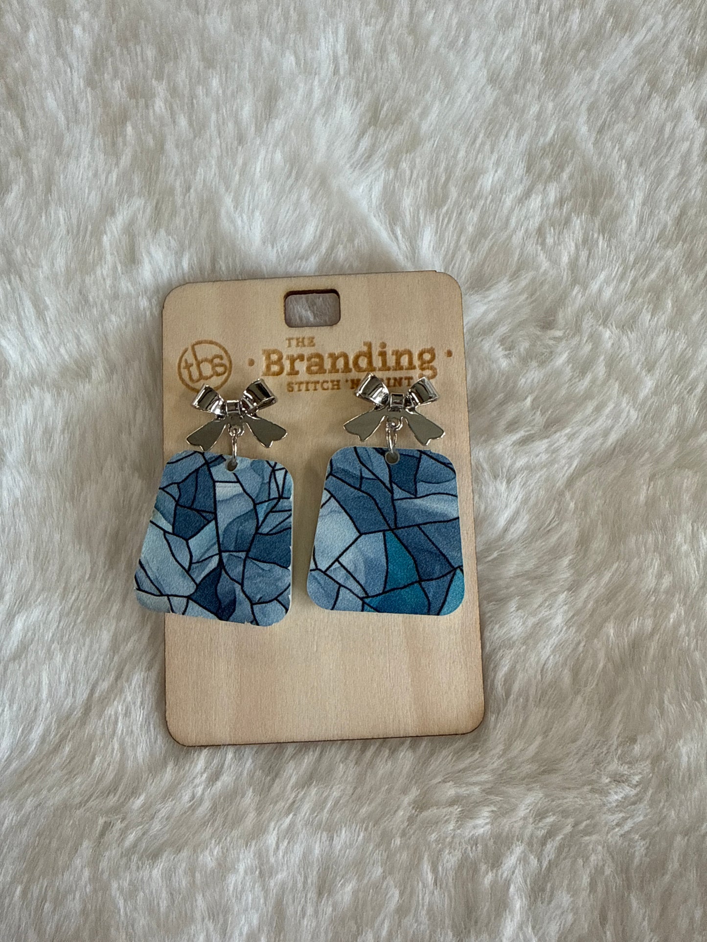 Blue Stained Silver Bow Earrings