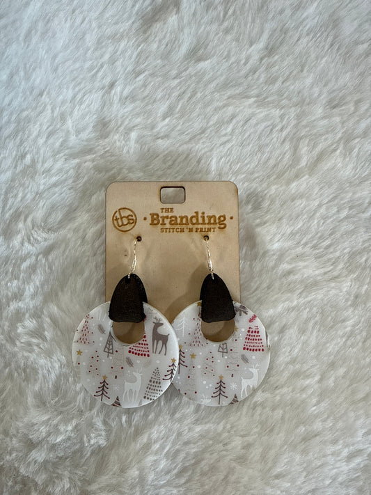 Christmas Tree Round Acrylic and Leather Earring